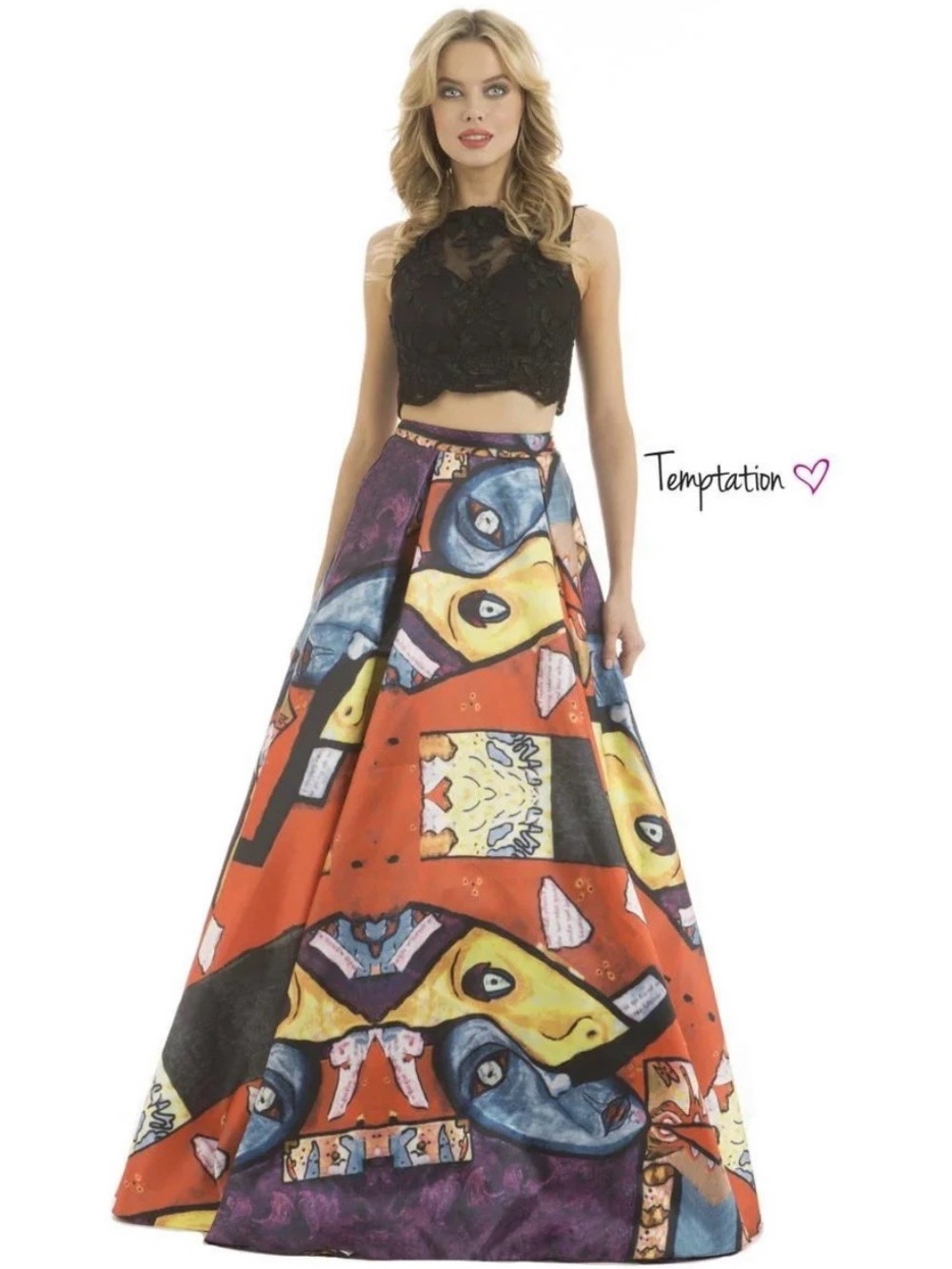 Temptations Multicolor Abstract A-Line Maxi Skirt with Orange Base